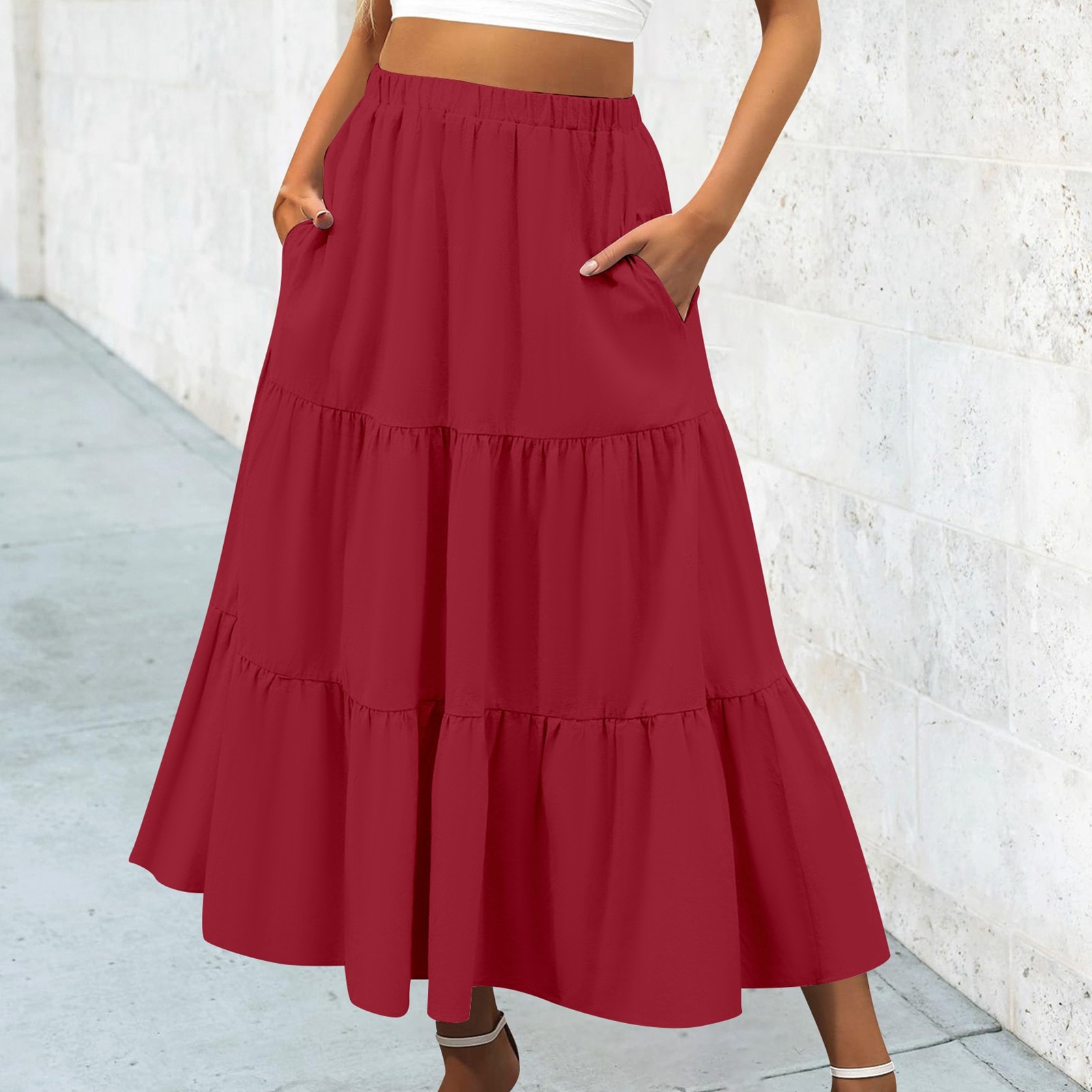 thumbnail image 2 of Falda boho de verano con cintura elástica y pliegues en línea A para mujer: falda de playa fluida con bolsillos, poliéster ligero para primavera/verano/otoño., 2 of 4